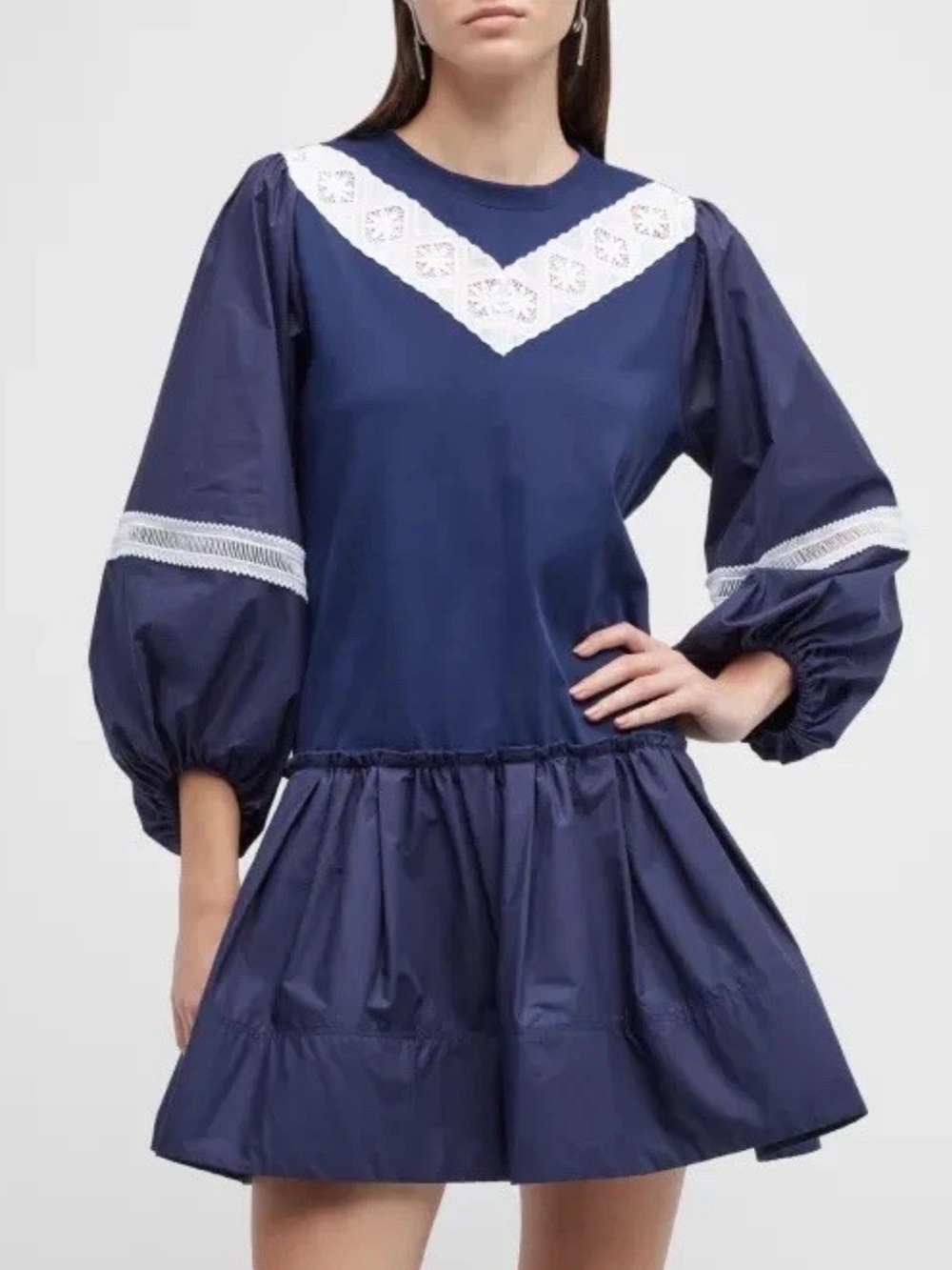 Tanya Taylor Kristie Navy Dress with White Lace V-Yoke